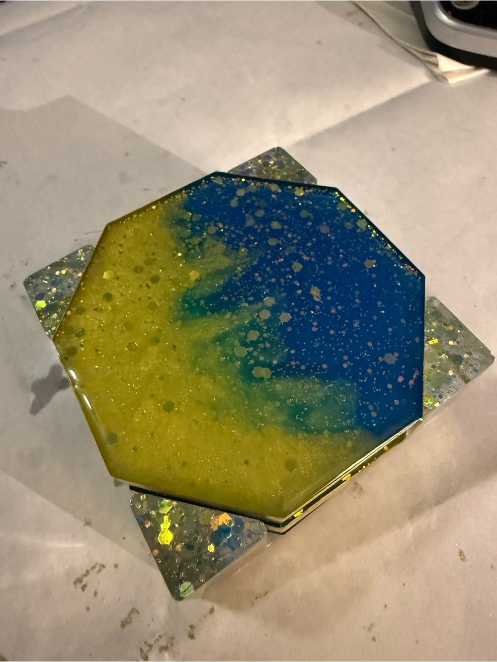 Blue and Yellow Octagonal Resin Coaster — Handmade Home Accent